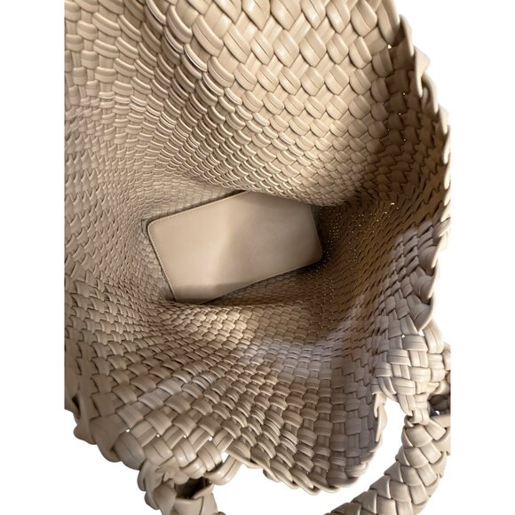 Handwoven Beige Leather Tote Bag With Double Handles & Inner Pouch - Picture 2 of 5